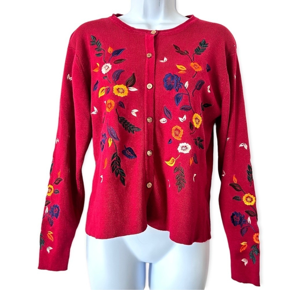 PORTRAITS BY NORTHERN ISLES Vtg All Over Embroidery Button Fall Winter Cardigan